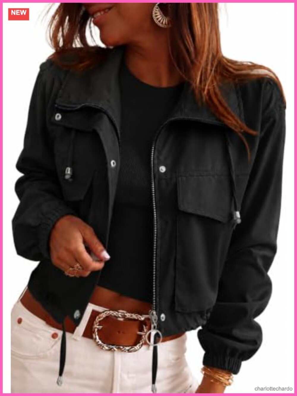 Women's Cropped Lightweight Bomber Jacket Utility Zip Up with Pockets